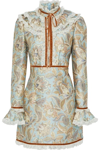 Zimmermann sky blue Ladybeetle ruffled printed wool and silk-blend satin-twill mini dress, available...