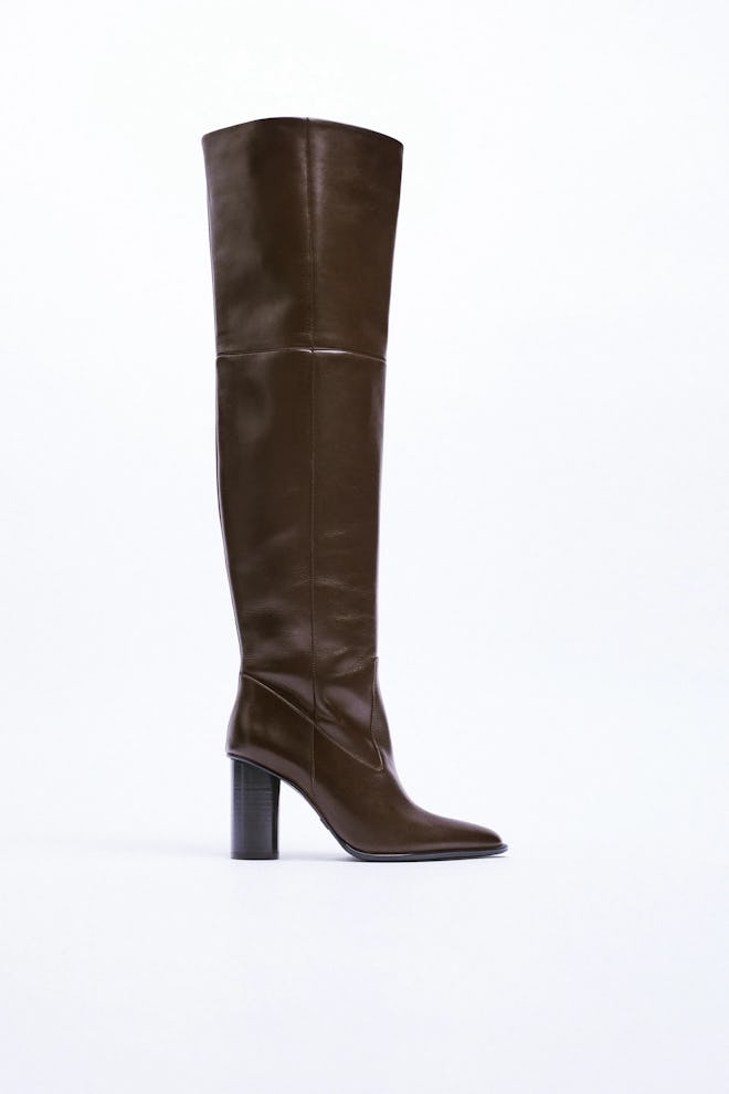 Chocolate Brown Heeled Leather Over The Knee Boots from Zara.