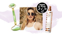 A model in sunglasses next to a face roller and a beauty product that are on sale during cyber monda...