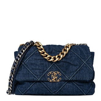 Denim Quilted Large Chanel 19 Flap Blue bag, available to shop on FASHIONPHILE.