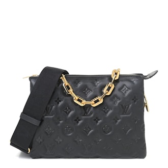 Louis Vuitton Lambskin Embossed Monogram Coussin PM Black, available to shop on FASHIONPHILE.