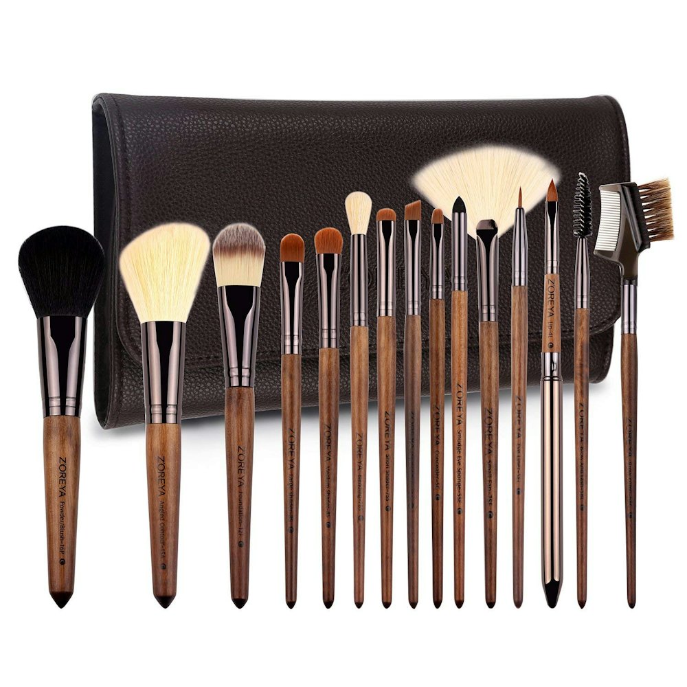 ZOREYA Makeup Brush Set With Vegan Leather Bag (15 Pieces)