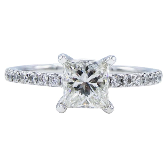 Vintage GIA Certified 0.98 Carat Princess Cut I I1 14 Karat Pave Diamond Engagement Ring