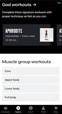 The types of exercises you can find on the Freeletics workout app.