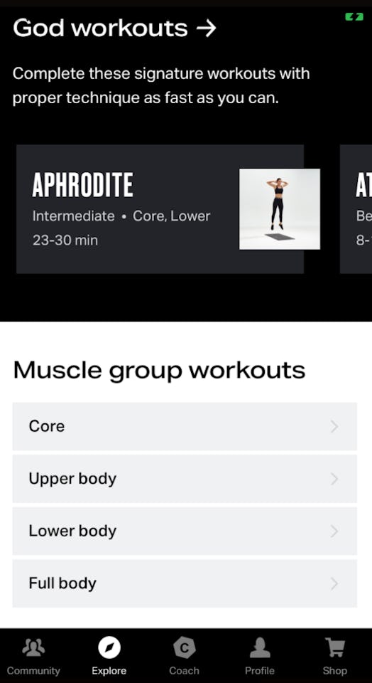 The types of exercises you can find on the Freeletics workout app.