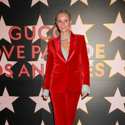 Gwyneth Paltrow in a red velvet suit at Gucci's "Love Parade."