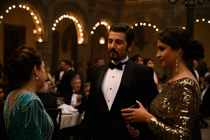 Diego Luna as Felix Gallardo, and Fernanda Urrejola as María Elvira at a party in Season 2 of 'Narco...