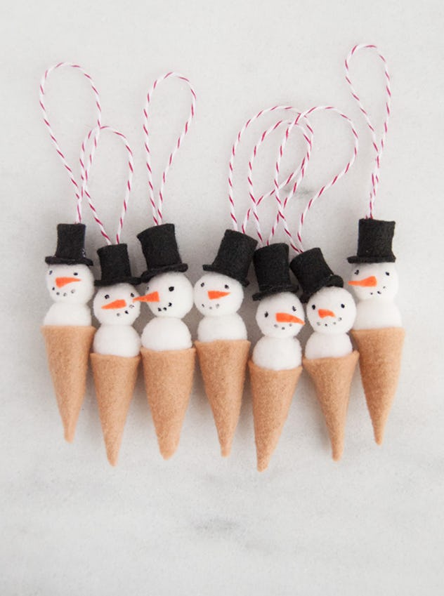 DIY snowman ice cream cone ornaments are fun for kids to make.