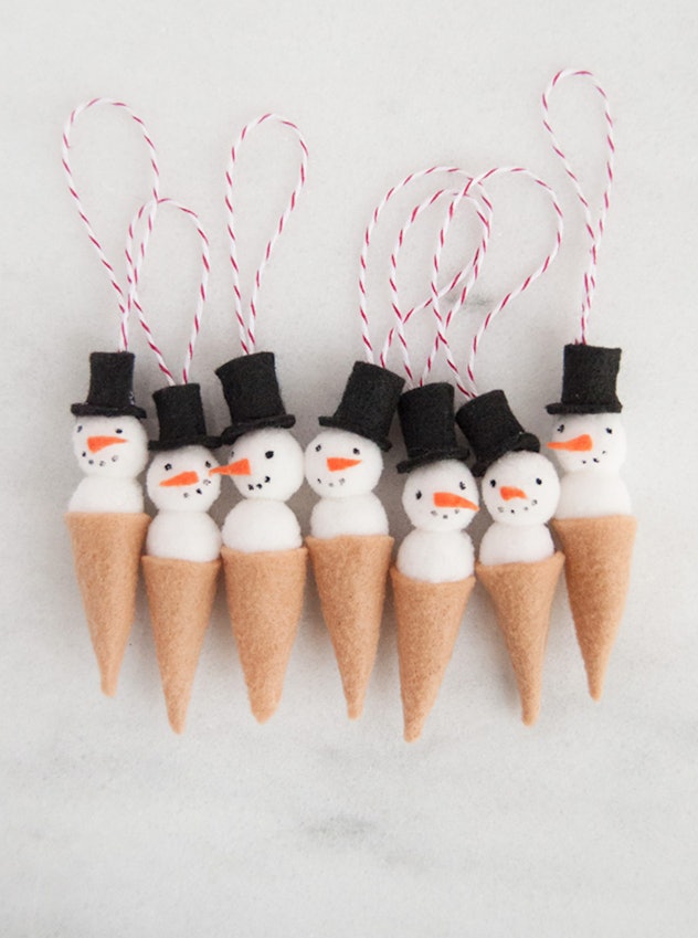 DIY snowman ice cream cone ornaments are fun for kids to make.