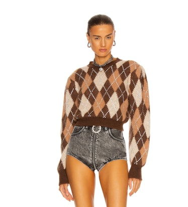 Argyle Wool Crystal Cropped Sweater