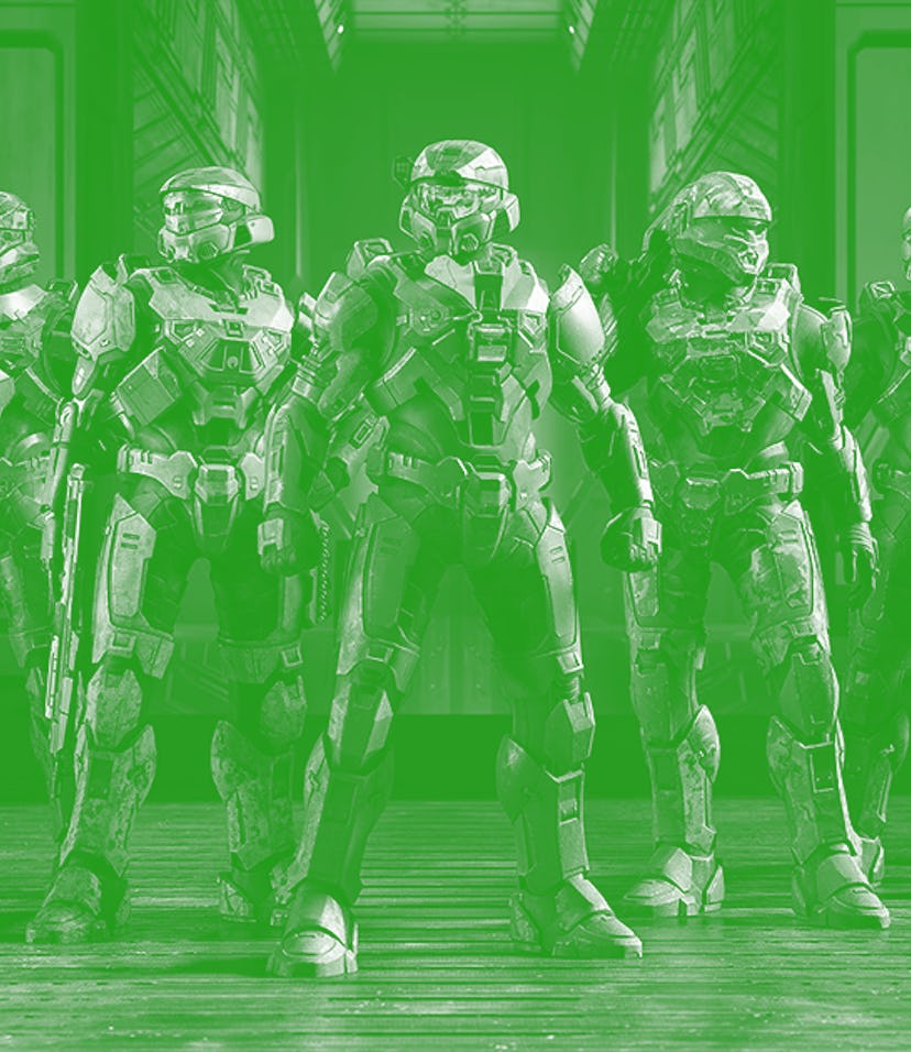 Player avatars for 'Halo: Infinite' standing in a line