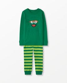 Flat lay of PJs featuring Oscar the Grouch 