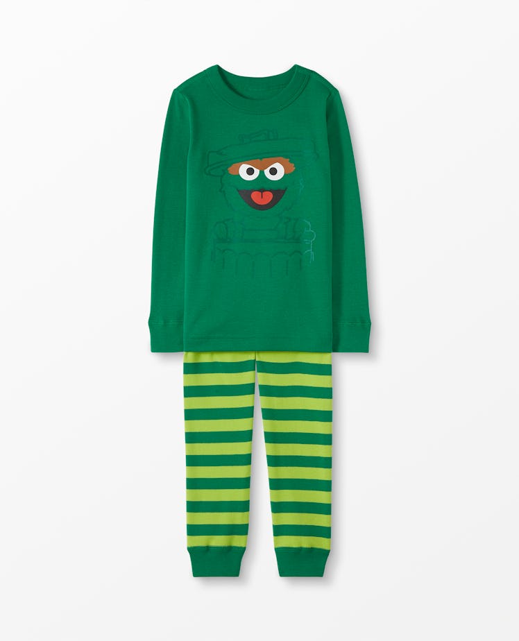 Flat lay of PJs featuring Oscar the Grouch 
