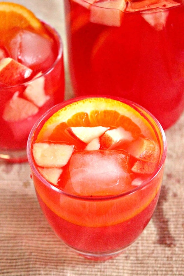 Top view of cocktail glass filled with non-alcoholic sangria