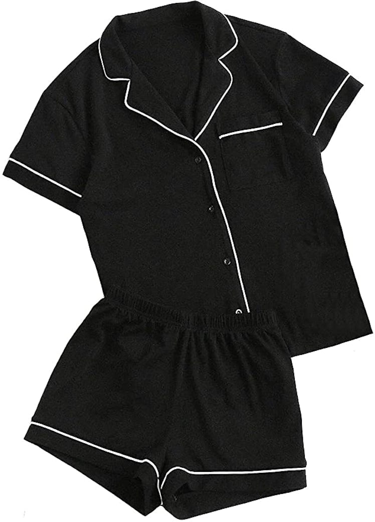 Floerns Notch Collar Short Sleeve Sleepwear Two Piece Pajama Set