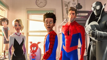 The central team of wall-crawlers standing together in Spider-Man: Into the Spider-Verse