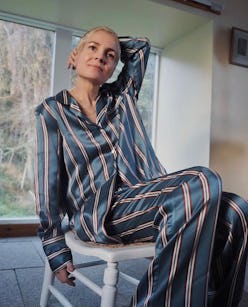 Julia Rebaudo wearing blue pajamas.