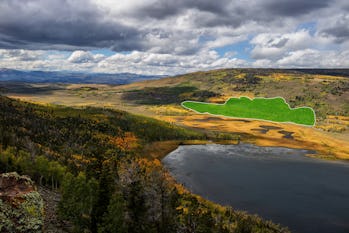 Aerial contour of Pando with Fish Lake in the foreground.