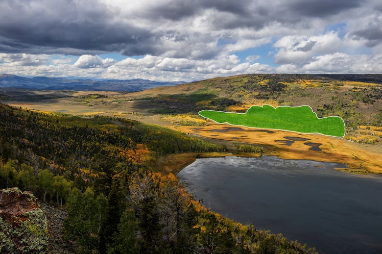 Aerial outline of Pando, with Fish Lake in the foreground.