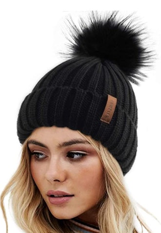 FURTALK Winter Knitted Beanie Hat With Faux Fur Pom