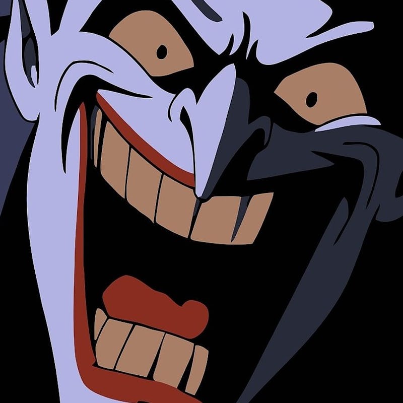 The Joker from the Batman cartoon series laughing in the shadows