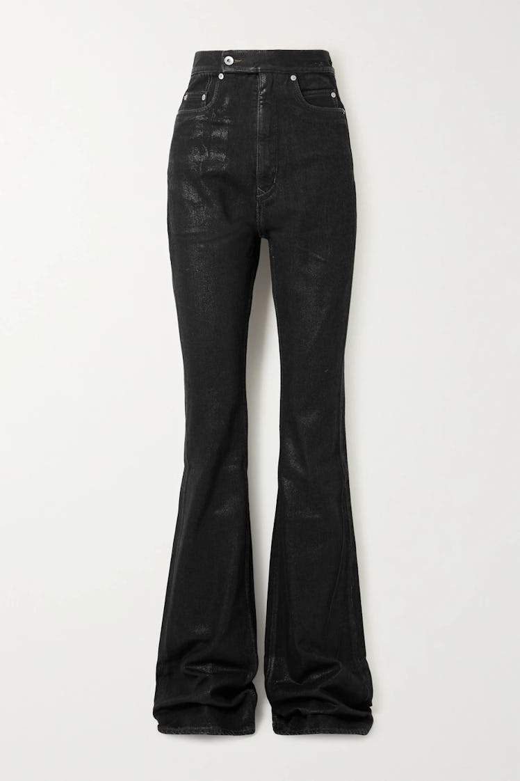 Black high-rise coated bootcut jeans from Rick Owens.