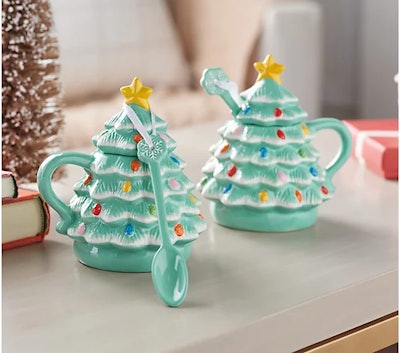 Mr. Christmas Set of Nostalgic Tree Mugs with Lids and Spoons