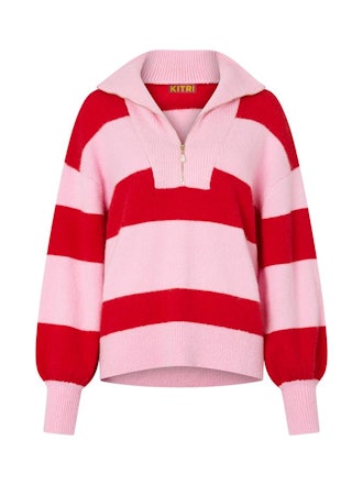 Lorna Pink Striped Alpaca Blend Zip Collar Sweater