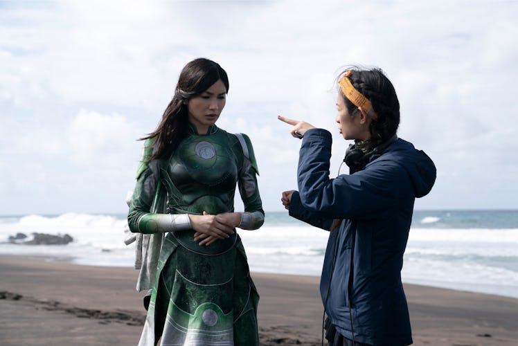 Director Chloe Zhao with Chan on the set of Eternals.