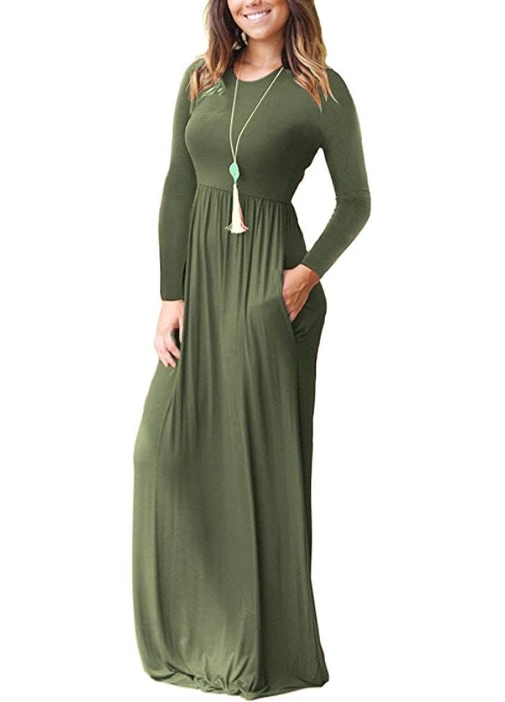 AUSELILY Long Sleeve Loose Plain Maxi