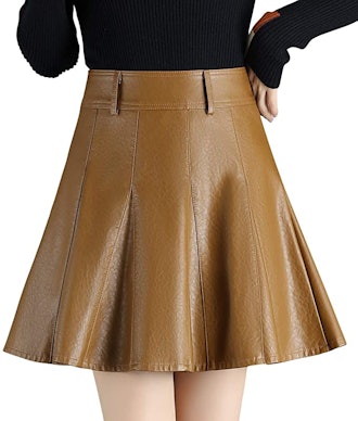 Chouyatou Flare Pleated Faux Leather Skirt
