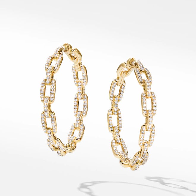 David Yurman Stax Chain Link Hoop Earrings in 18K Yellow Gold with Diamonds