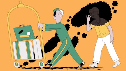 Illustration of a hotel bellhop pushing a luggage cart followed by a person coughing from the black ...