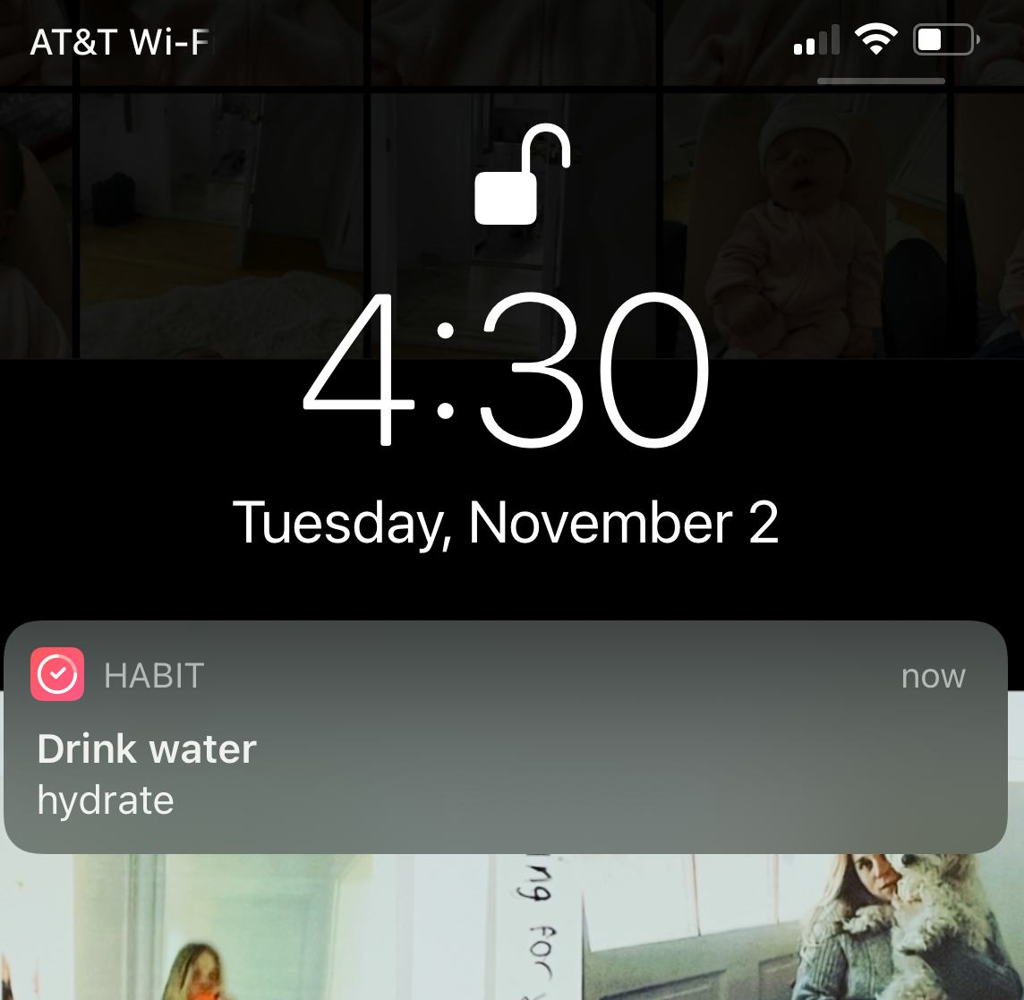 A screenshot of a Habit Tracker notification reminding the user to hydrate.