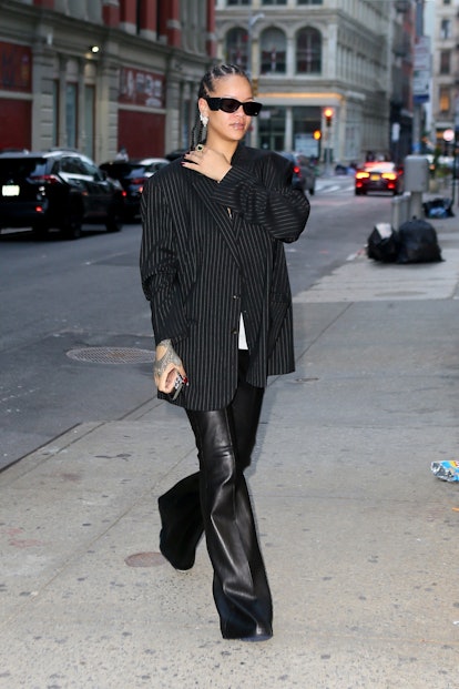 Rihanna wears Rosetta Getty pintuck flare leather pants in 2021.