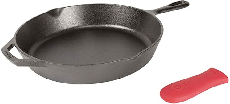 Lodge Cast Iron Skillet with Red Silicone Hot Handle Holder