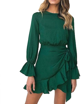 WEEPINLEE Round Neck Ruffle Wrap Dress