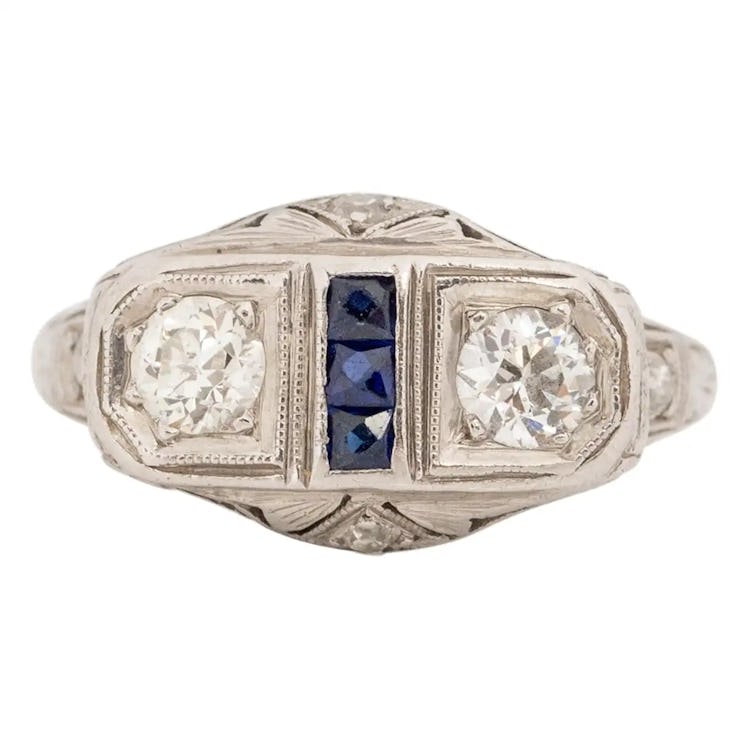 iconic jewelry trends Art Deco platinum diamond and sapphire ring