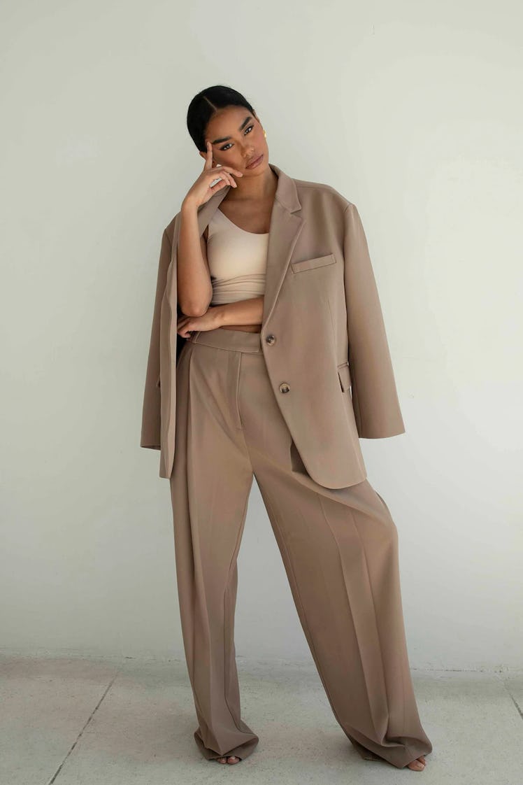 RE ONA's Joey Suit Trousers in macadamia. 