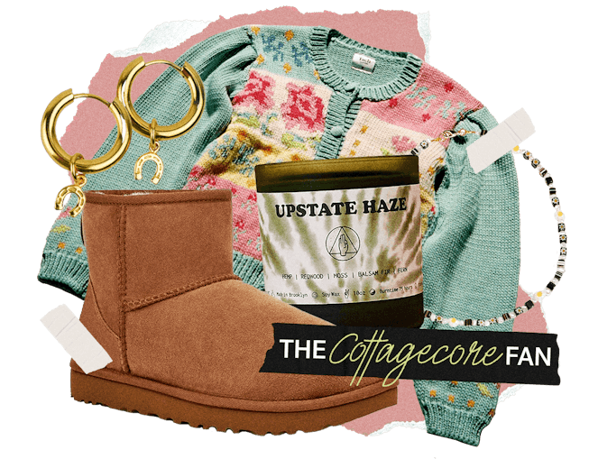 Green sweater, brown boots and jewelry inspired by Cottagecore fashion aesthetic