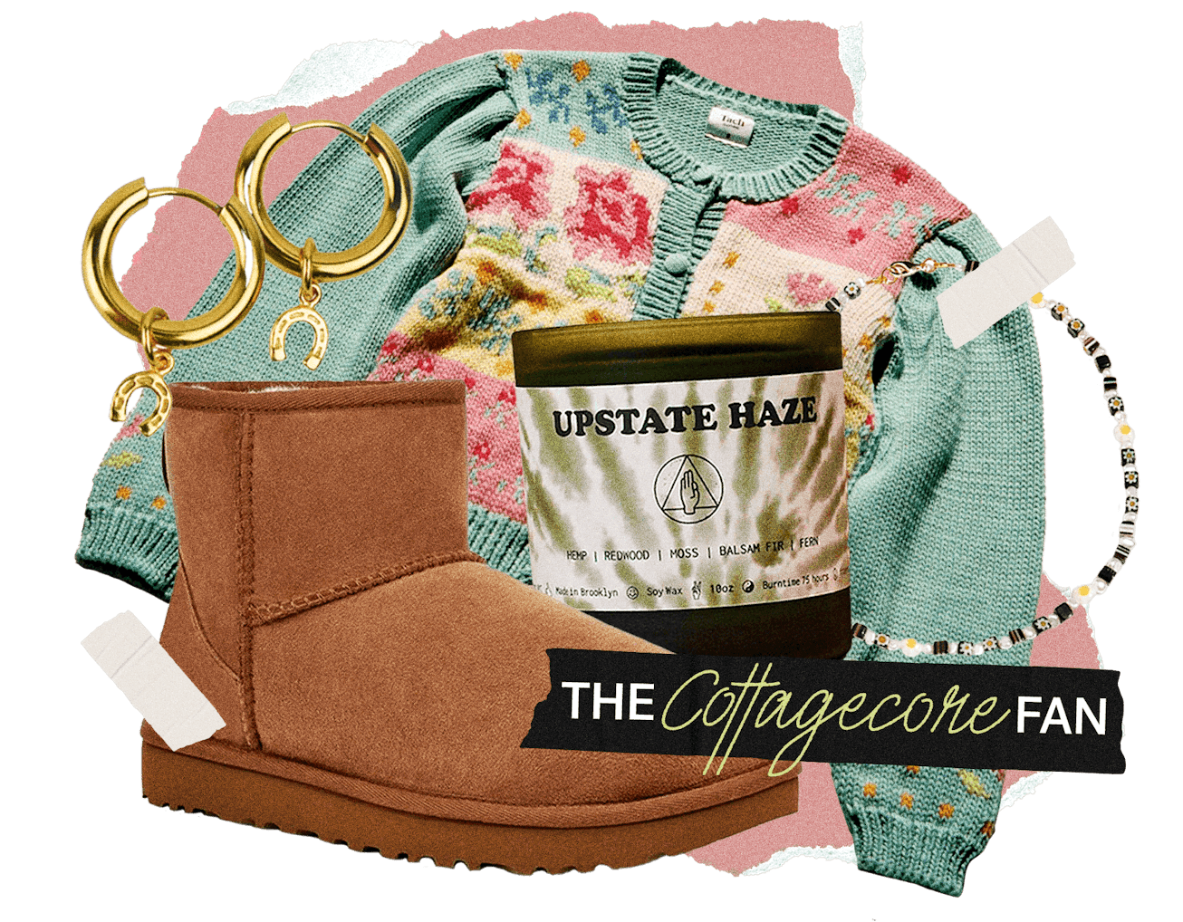 Green sweater, brown boots and jewelry inspired by Cottagecore fashion aesthetic
