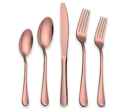 Image of a 5-piece set of rose-gold steel utensils.