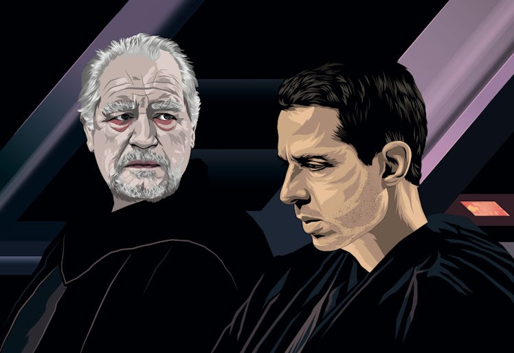 Logan and Kendall Roy from 'Succession' illustrated and reimagined as Palpatine and Anakin Skywalker