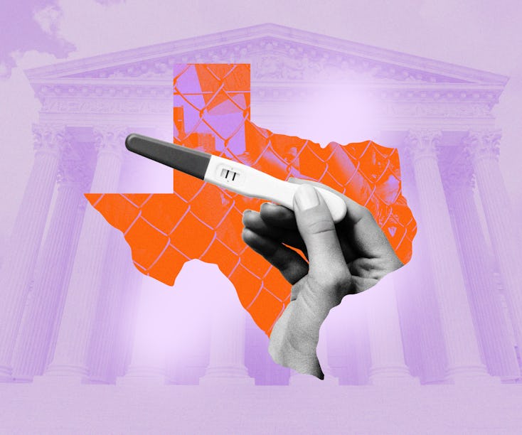 A hand holds a pregnancy test over a silhouette of Texas. The state's new abortion ban has extra ris...