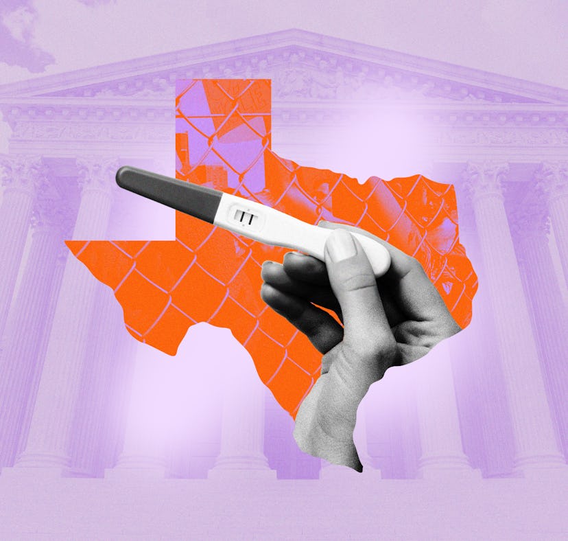 A hand holds a pregnancy test over a silhouette of Texas. The state's new abortion ban has extra ris...