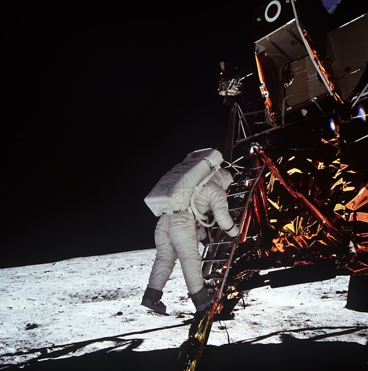 Buzz Aldrin dangling above the lunar surface