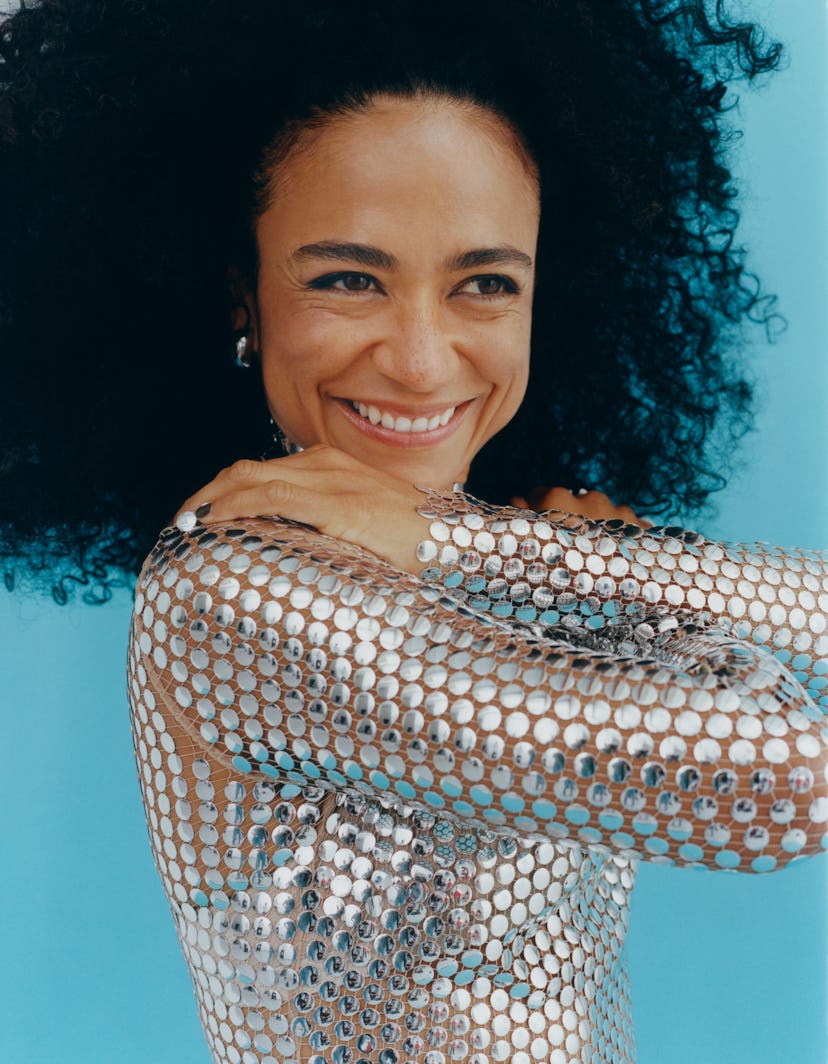 Lauren Ridloff in silver Burberry dress.