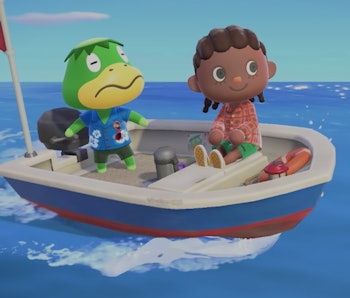 Two Animal Crossing characters ride in a motorized boat in the ocean