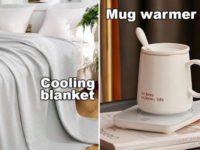 Collage of a cooling blanket on a bed and a mug on a mug warmer