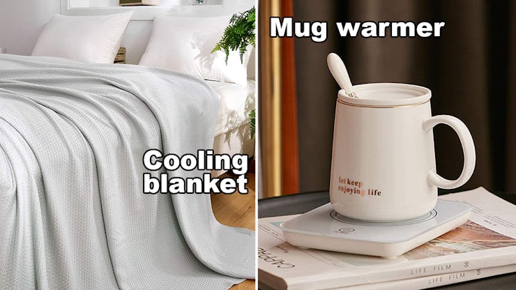 Collage of a cooling blanket on a bed and a mug on a mug warmer